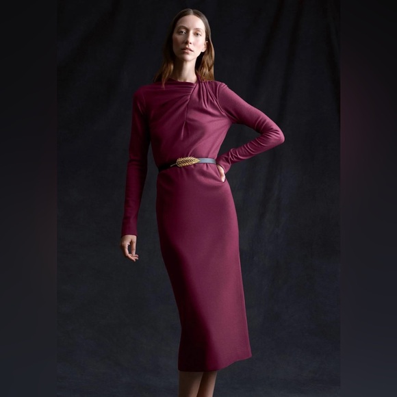 Adam Lippes $1590 Wool Twisted Neck Long Sleeve Midi Dress in Merlot - Picture 4 of 7